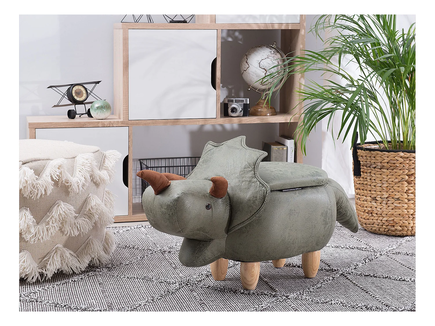 Tabouret de rangement animal TRICERATOPS Tissu Vert foncé