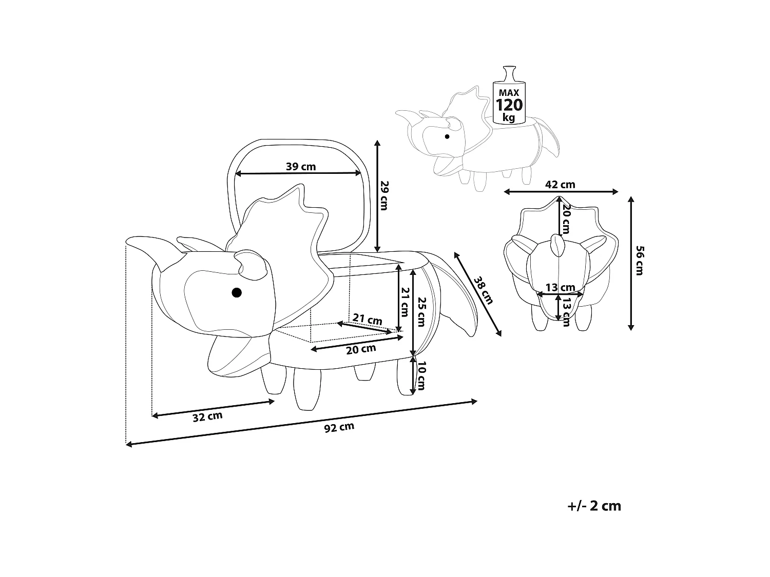 Tabouret de rangement animal TRICERATOPS Tissu Vert foncé