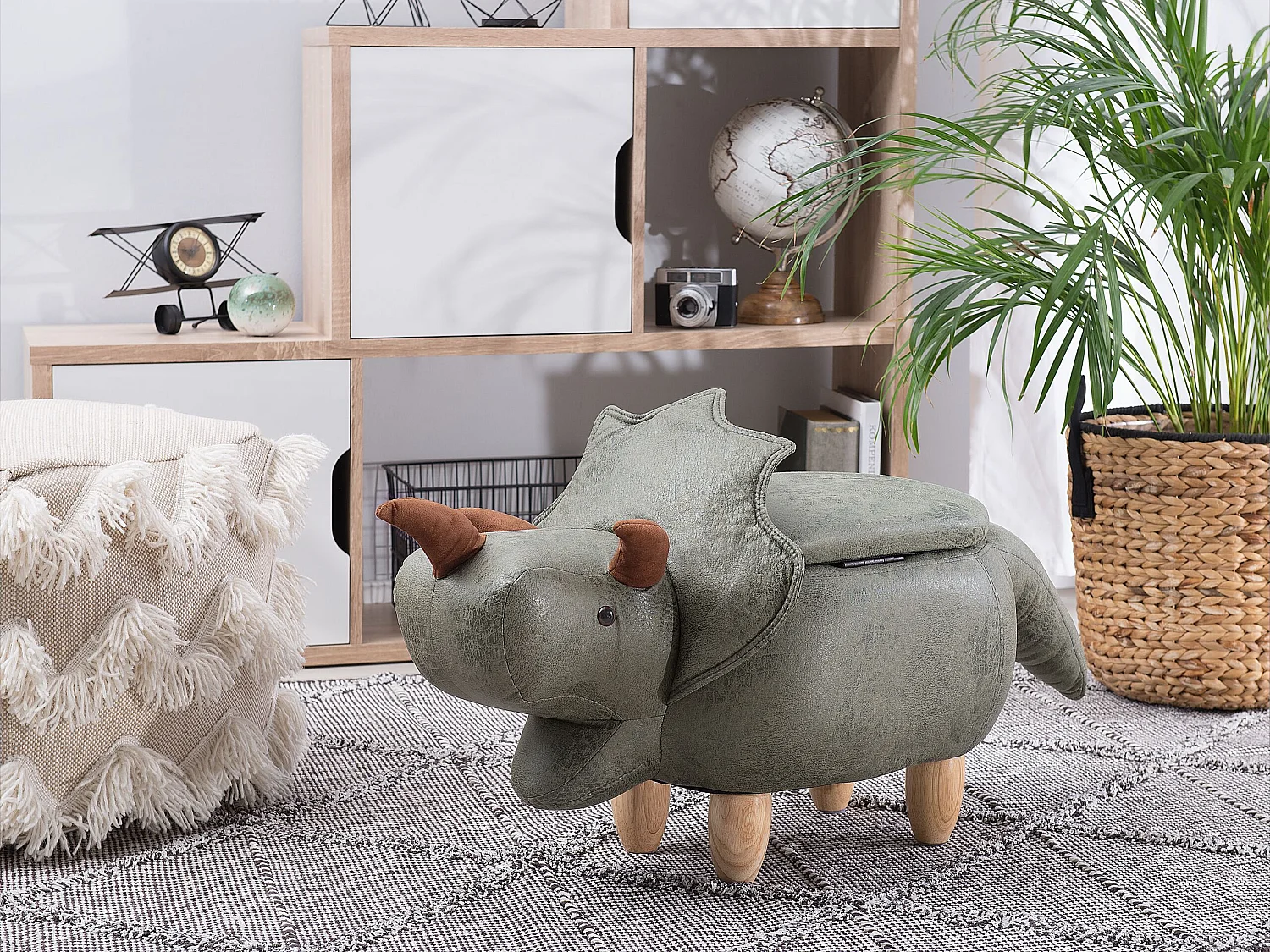 Tabouret de rangement animal TRICERATOPS Tissu Vert foncé
