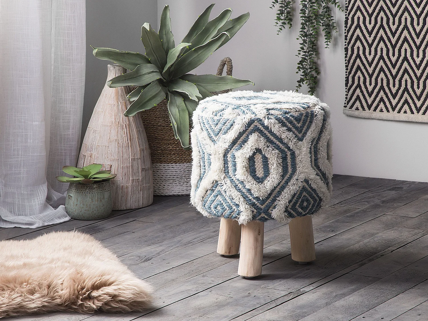 Hocker Sitzhocker Taburett weiß blau Wolle und Baumwolle oriental Agra