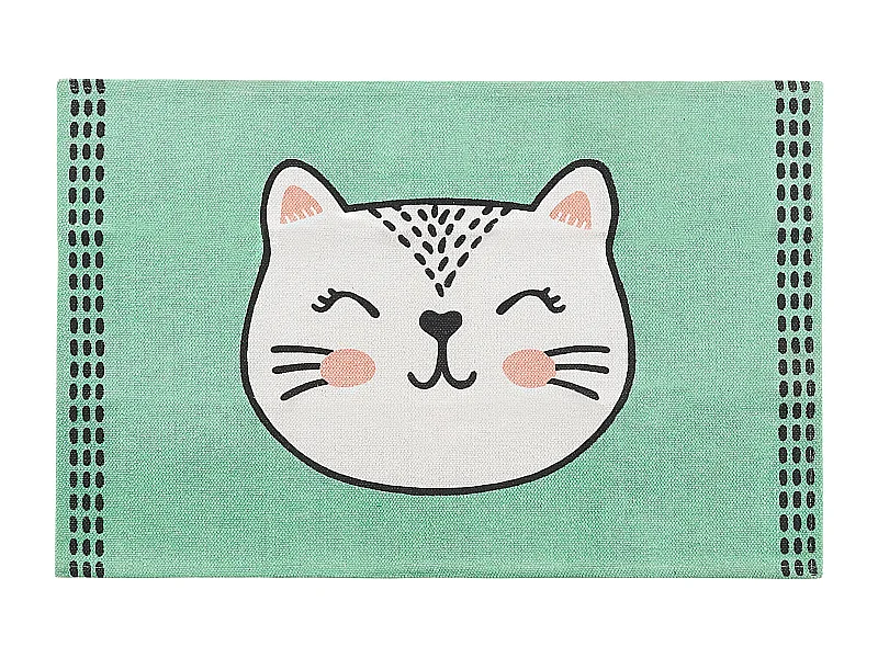 Kinderteppich Baumwolle grün 60 x 90 cm Katzenmotiv Kurzflor HOWRAH