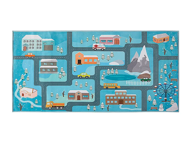 Verspielter Kinderteppich blau Stadt-Motiv 80 x 150 cm Kigi