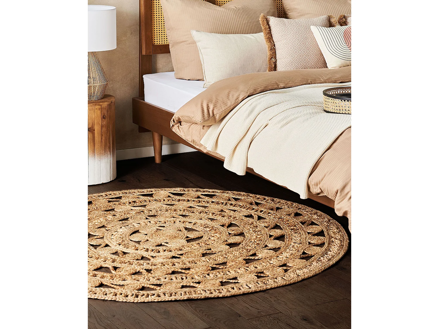 Runder Kurzflor Teppich beige ⌀ 140 cm aus Jute Boho Stil Kerer