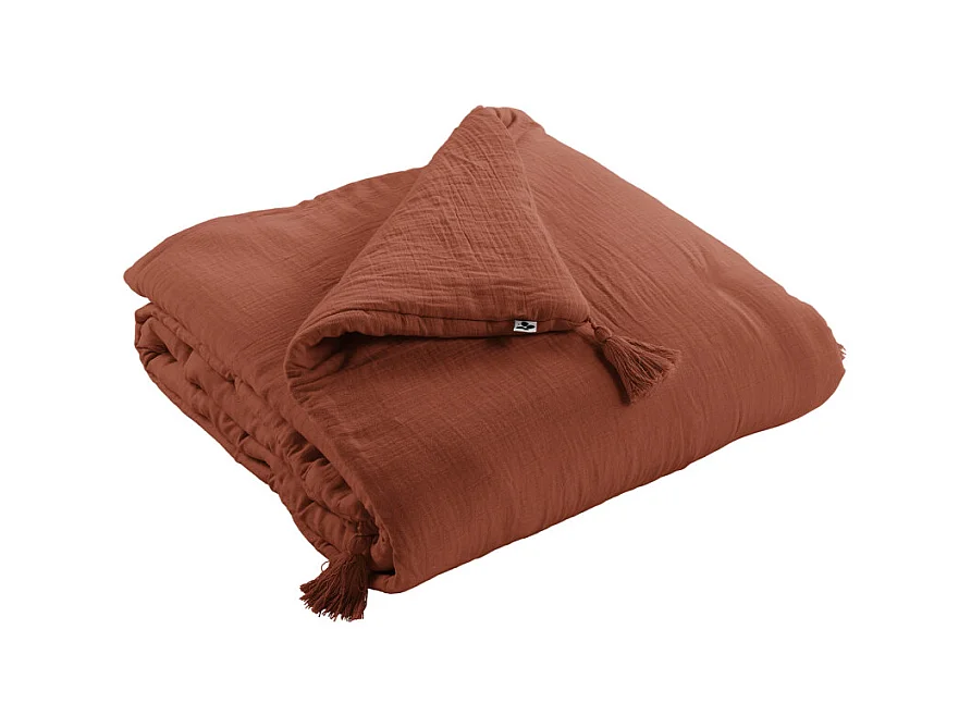 Édredon 150 x 150 cm gaze de coton terracotta avec 4 pompons - PEPA