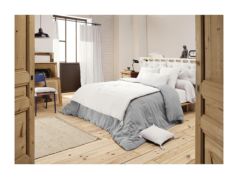 Édredon 150 x 150 cm en gaze de coton blanc avec 4 pompons - PEPA