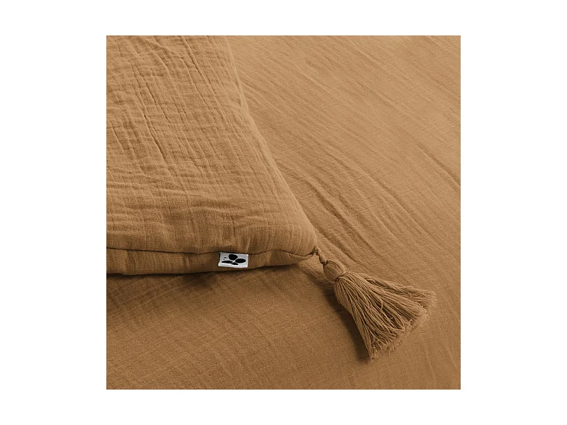 Édredon 150 x 150 cm en gaze de coton camel avec 4 pompons - PEPA