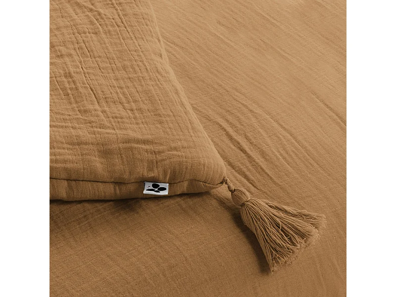 Édredon 150 x 150 cm en gaze de coton camel avec 4 pompons - PEPA