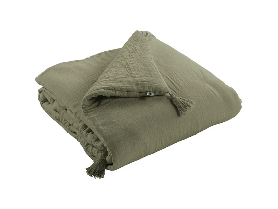 Édredon 150 x 150 cm en gaze de coton vert avec 4 pompons - PEPA