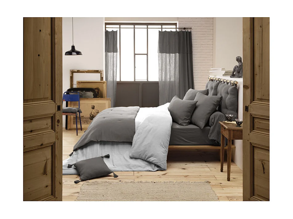 Édredon 150 x 150 cm en gaze de coton gris avec 4 pompons - PEPA