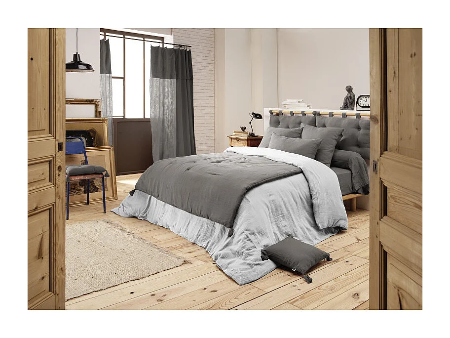 Édredon 150 x 150 cm en gaze de coton gris avec 4 pompons - PEPA