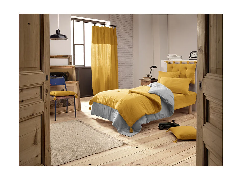 Édredon 150 x 150 cm en gaze de coton jaune avec 4 pompons - PEPA