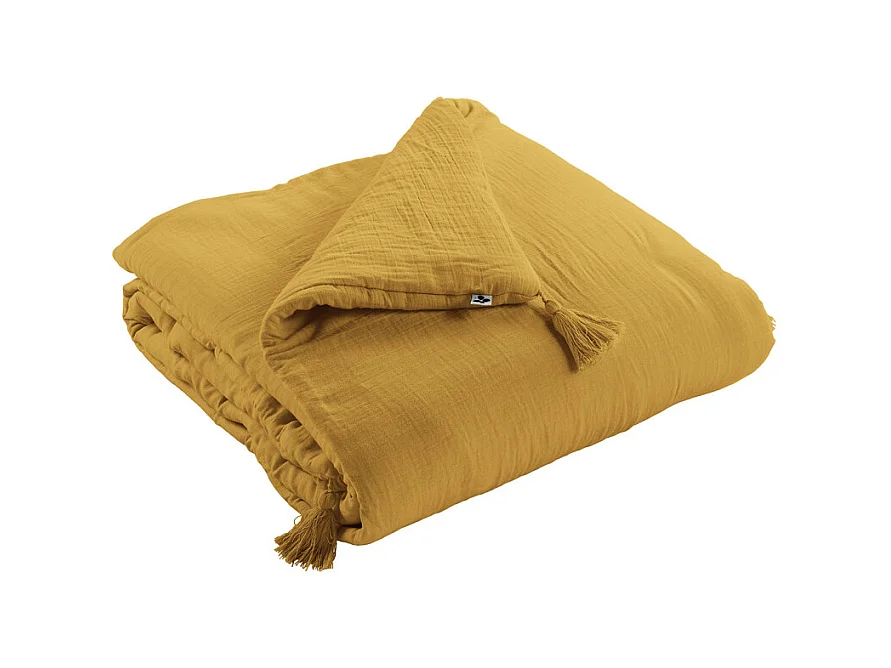 Édredon 150 x 150 cm en gaze de coton jaune avec 4 pompons - PEPA