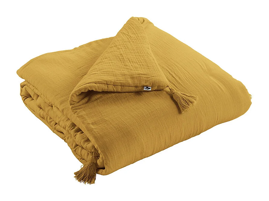 Édredon 150 x 150 cm en gaze de coton jaune avec 4 pompons - PEPA
