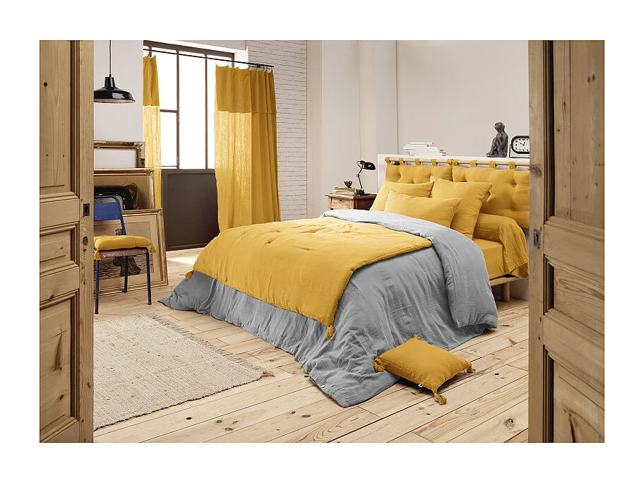 Édredon 150 x 150 cm en gaze de coton jaune avec 4 pompons - PEPA