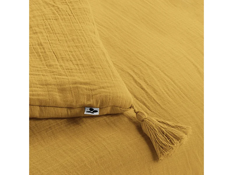 Édredon 150 x 150 cm en gaze de coton jaune avec 4 pompons - PEPA