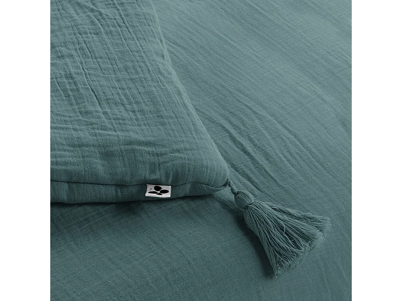 Édredon 150 x 150 cm gaze de coton bleu canard avec 4 pompons - PEPA