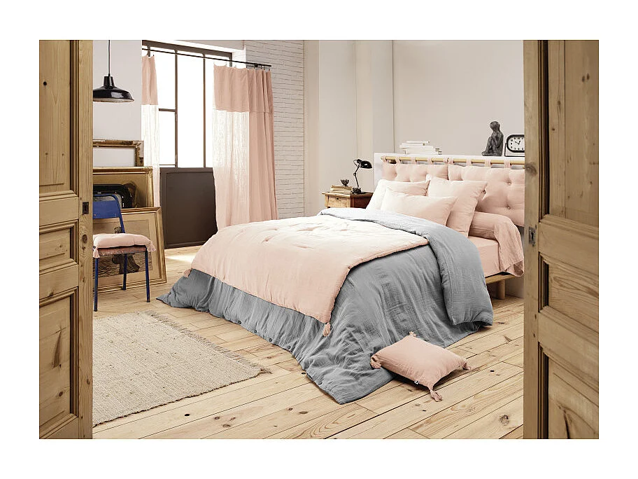 Édredon 150 x 150 cm en gaze de coton rose avec 4 pompons - PEPA