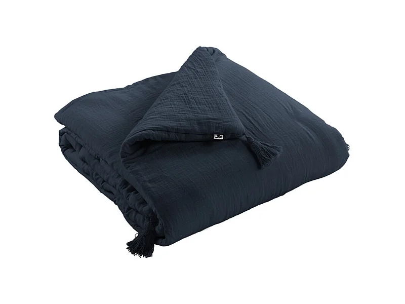 Édredon 150 x 150 cm gaze de coton bleu nuit avec 4 pompons - PEPA