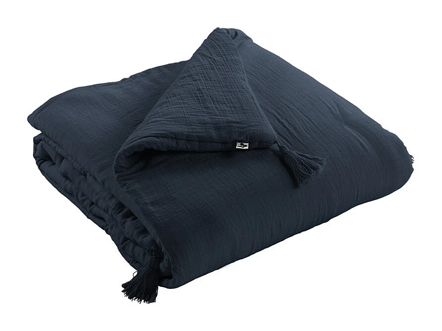 Édredon 150 x 150 cm gaze de coton bleu nuit avec 4 pompons - PEPA