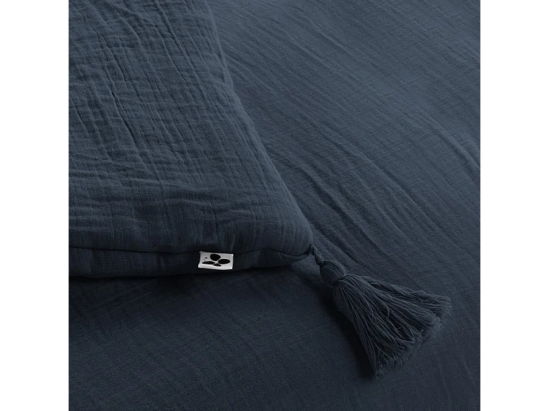 Édredon 150 x 150 cm gaze de coton bleu nuit avec 4 pompons - PEPA