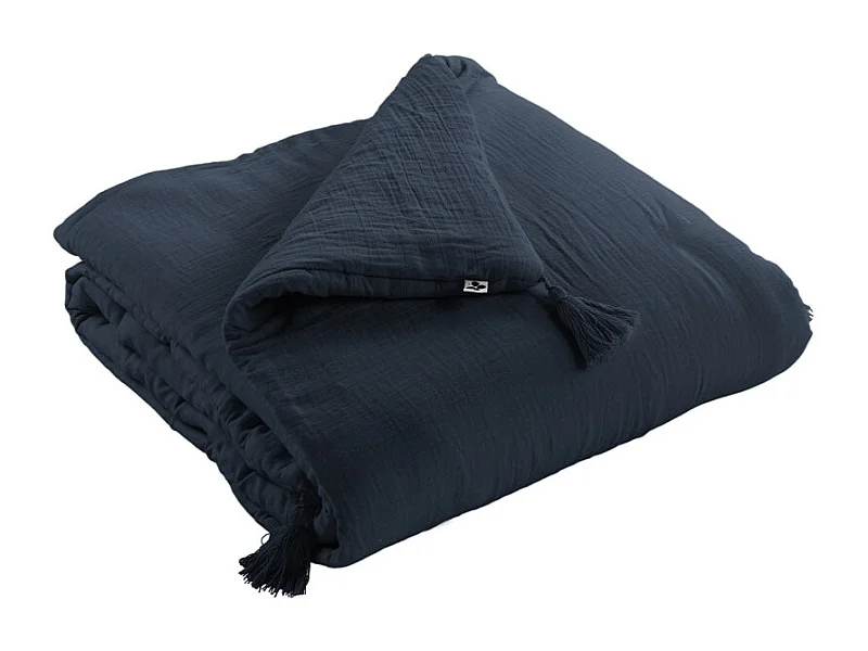 Édredon 150 x 150 cm gaze de coton bleu nuit avec 4 pompons - PEPA