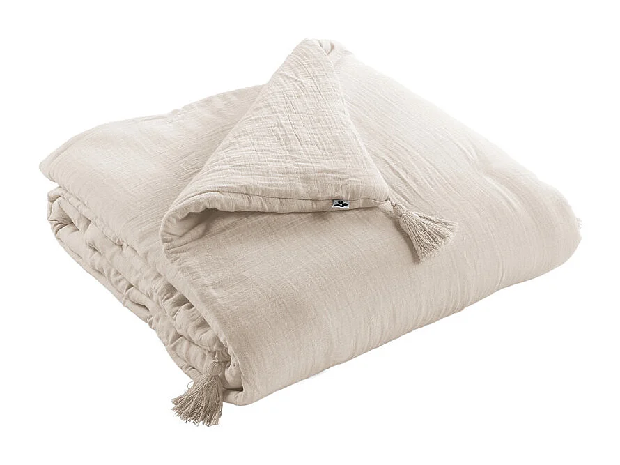 Édredon 150 x 150 cm en gaze de coton écru avec 4 pompons - PEPA