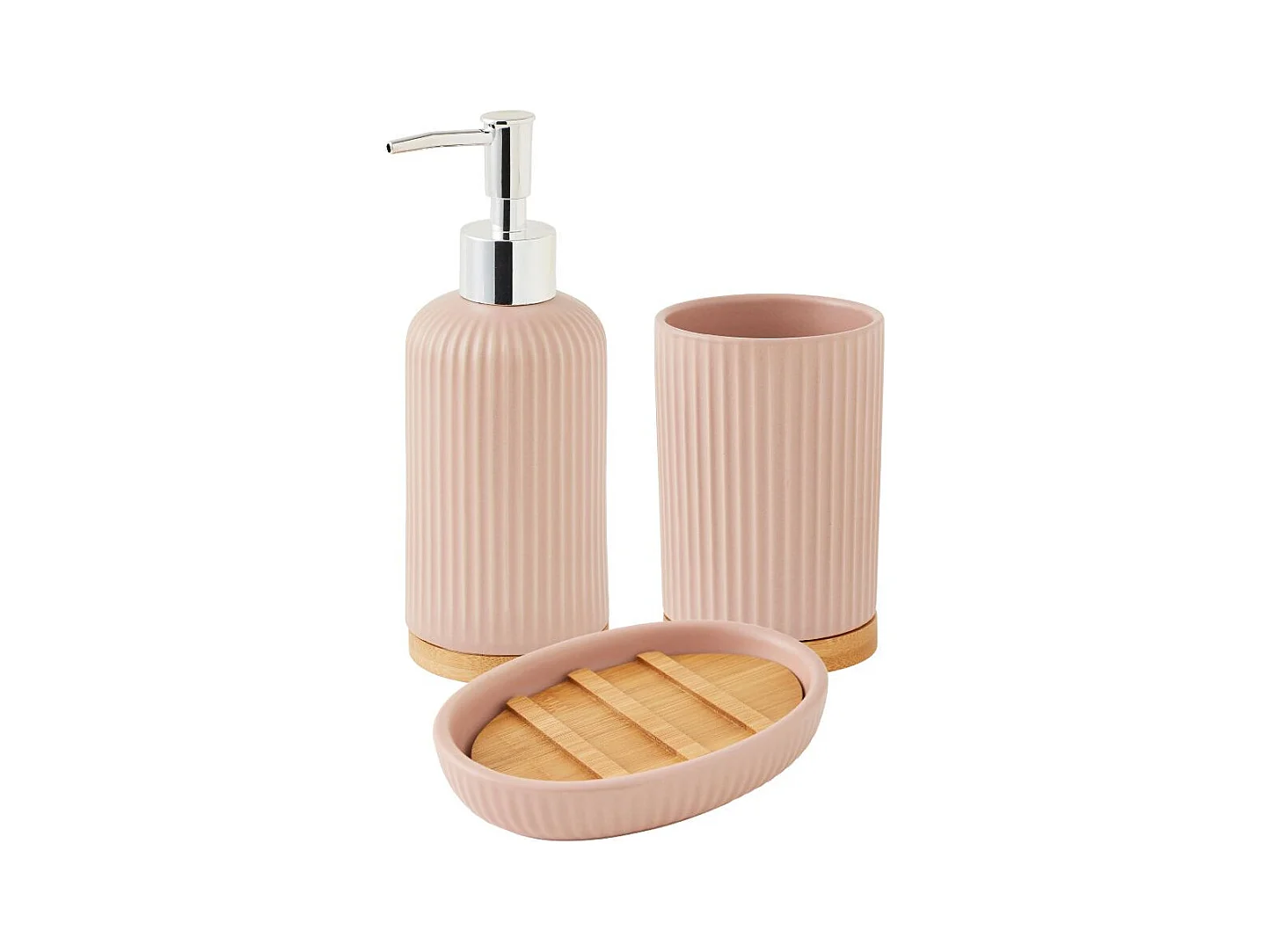 Set salle de bain strié 3 pièces céramique bambou rose
