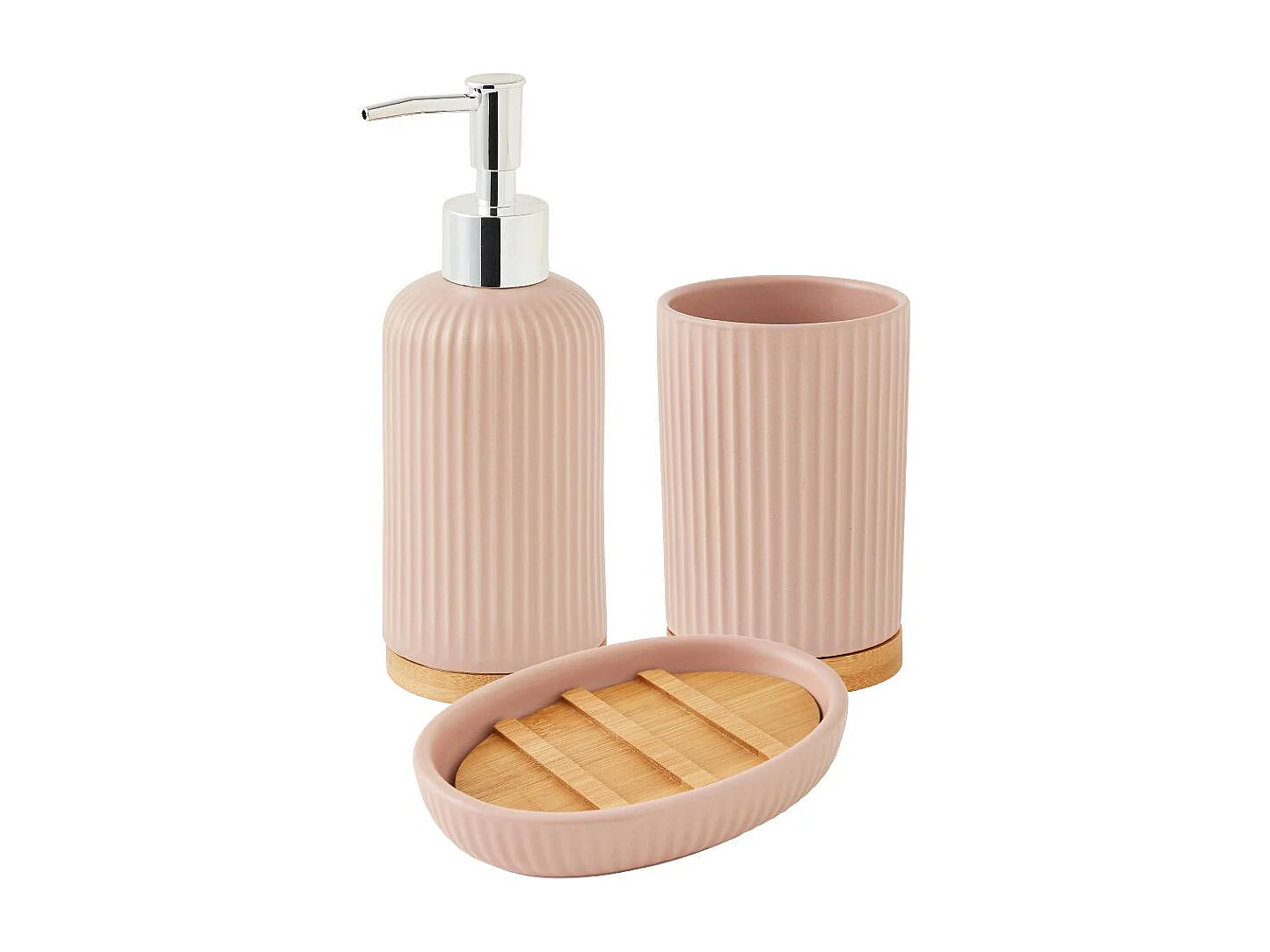 Set salle de bain strié 3 pièces céramique bambou rose