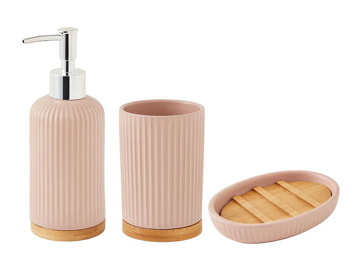 Set salle de bain strié 3 pièces céramique bambou rose