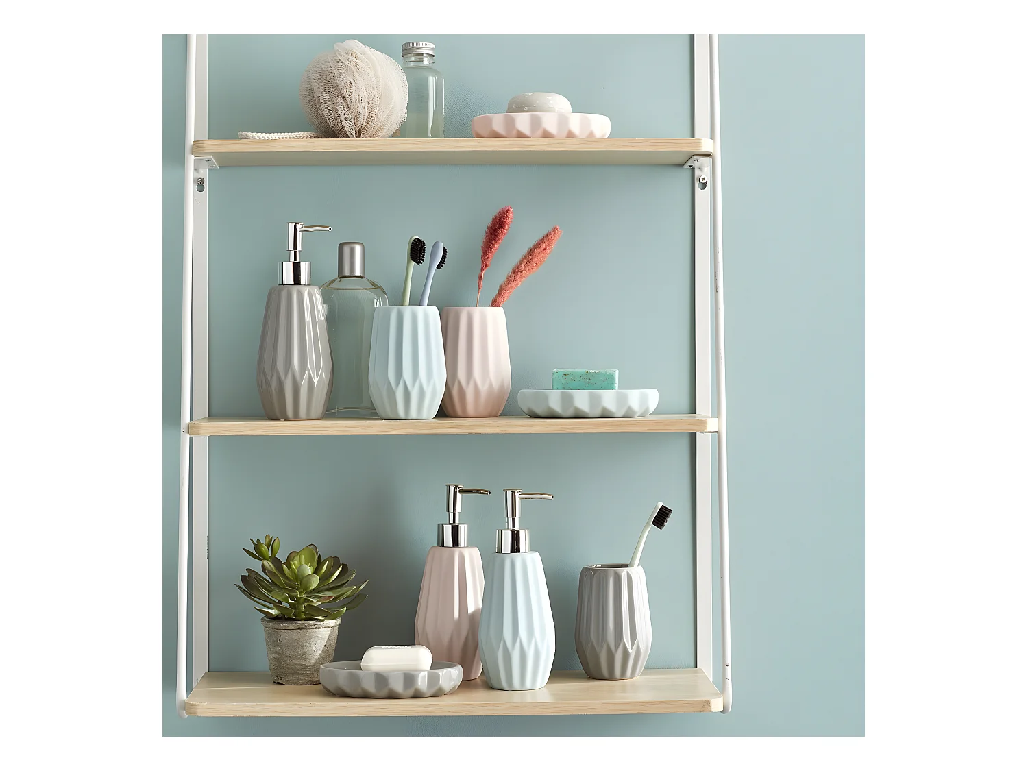 Set salle de bain à relief 3 pièces céramique rose poudré