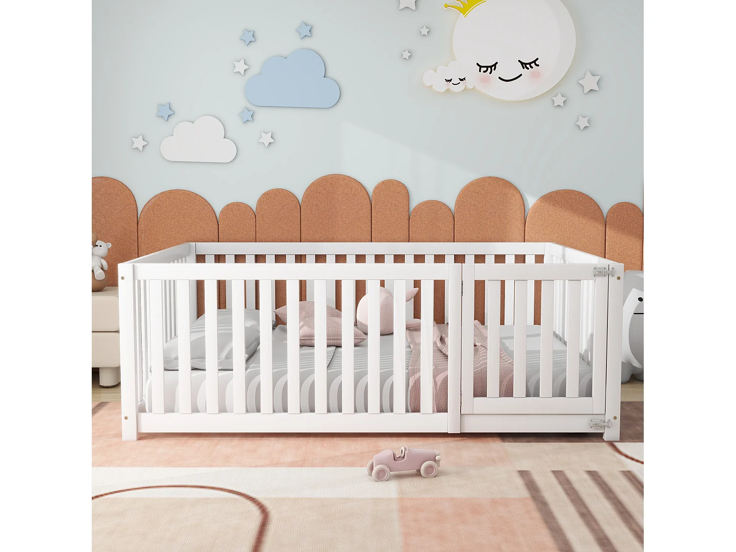 Lit enfant 140x200cm en bois massif avec barrière de sécurité - Blanc