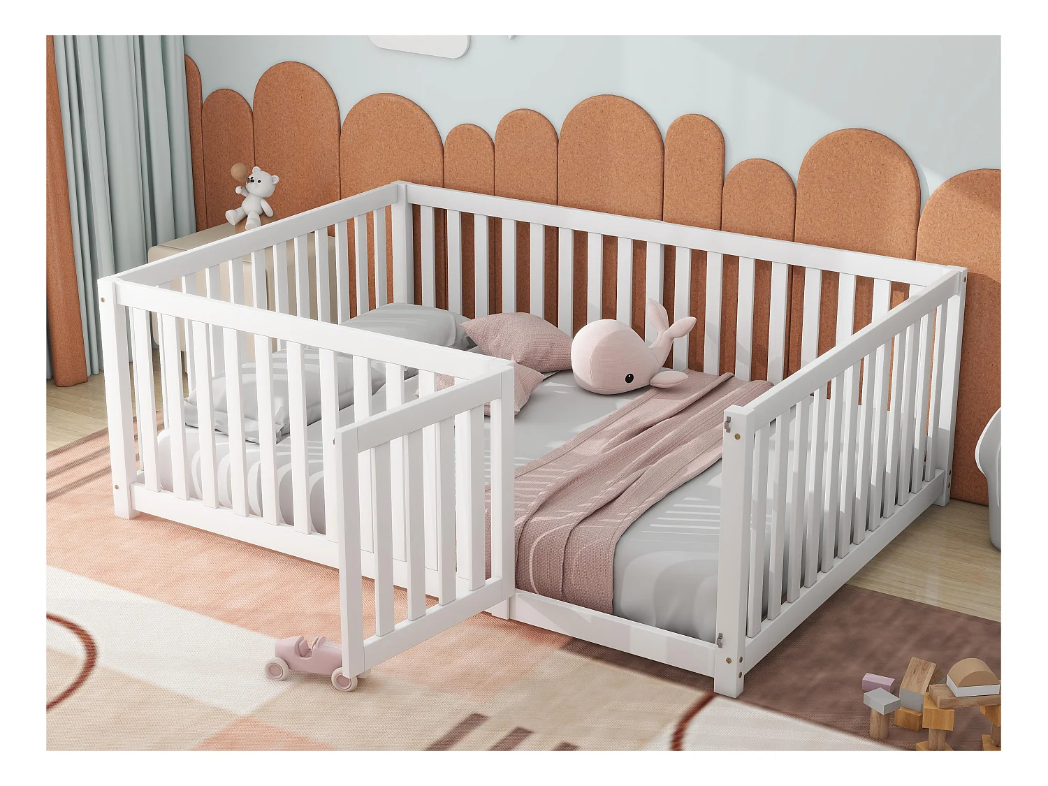 Kinderbett 140x200cm aus Massivholz mit Sicherheitsbarriere – Weiß