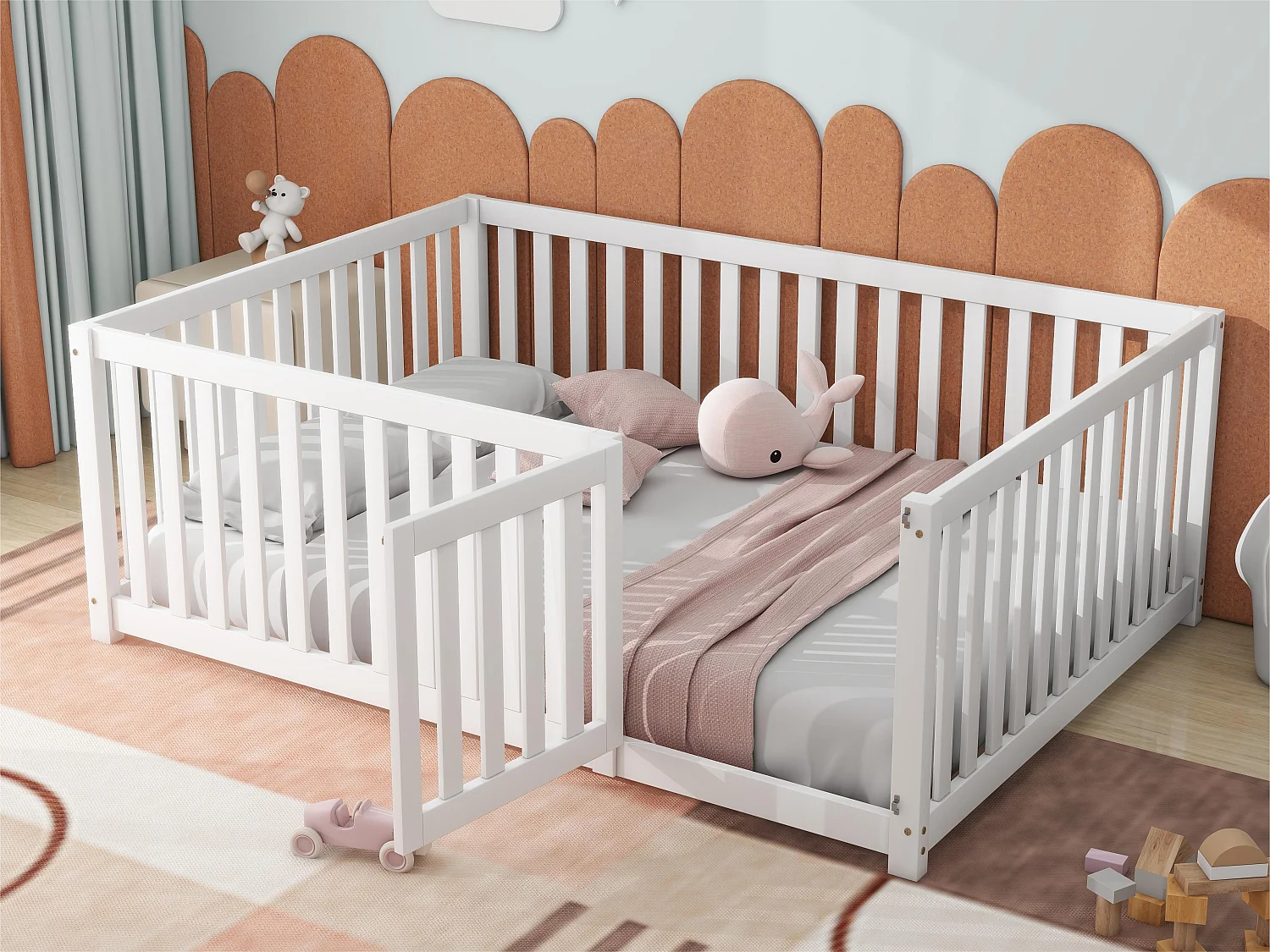 Kinderbed 140x200cm in massief hout met veiligheidsbarrière - Wit