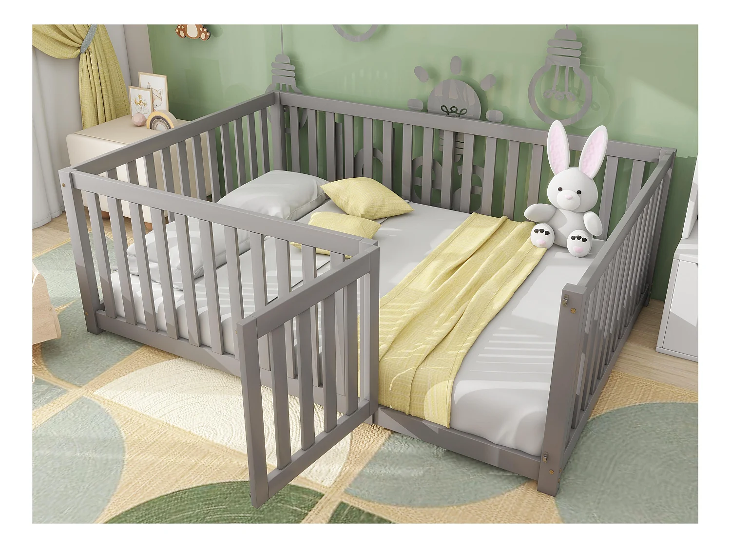 Lit enfant 140x200cm en bois massif avec barrière de sécurité - Gris