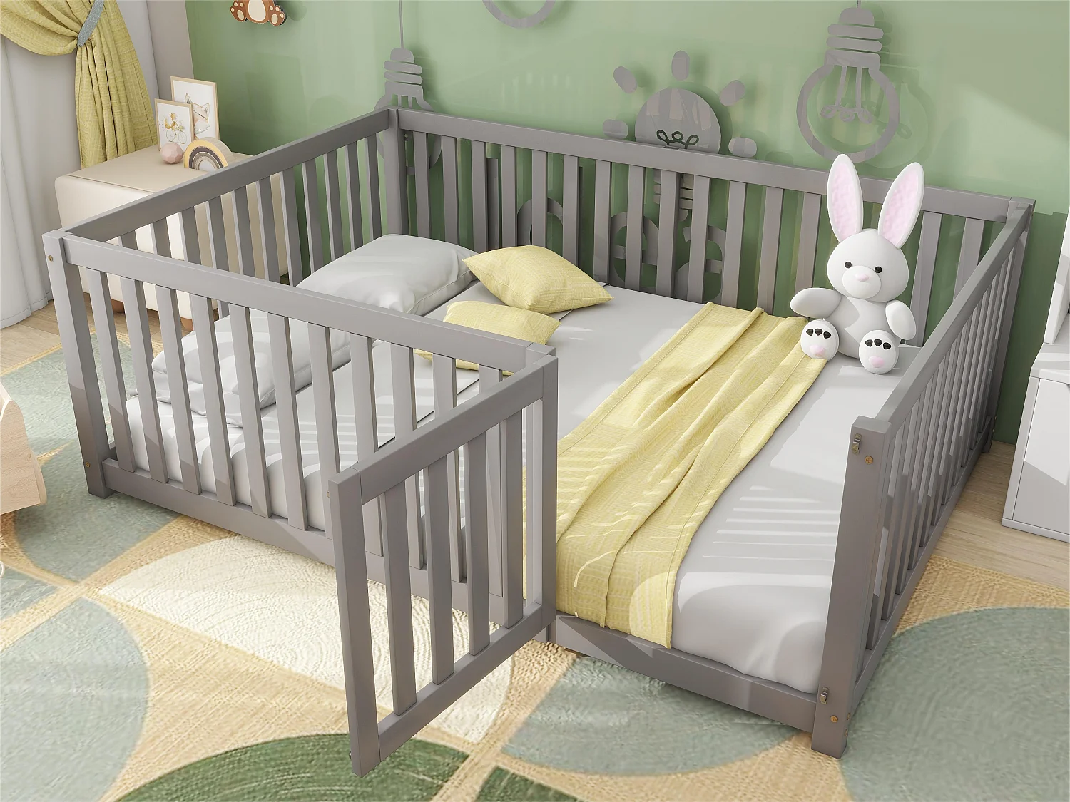 Letto per bambini 140x200 cm in legno massello con barriera di sicurezza - Grigio