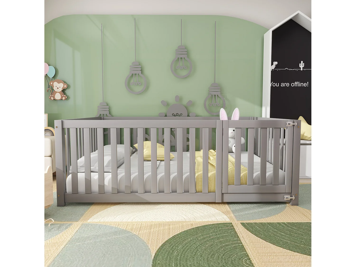Letto per bambini 140x200 cm in legno massello con barriera di sicurezza - Grigio