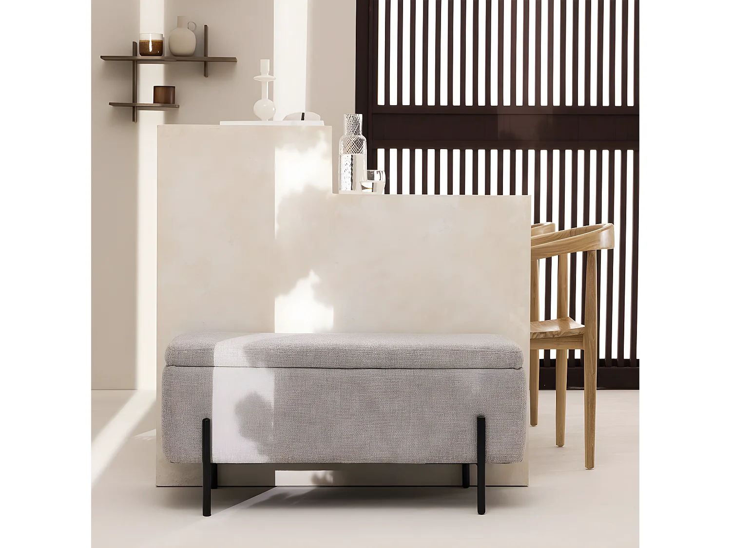 Kos - Banc coffre en tissu et métal L100cm - Gris clair