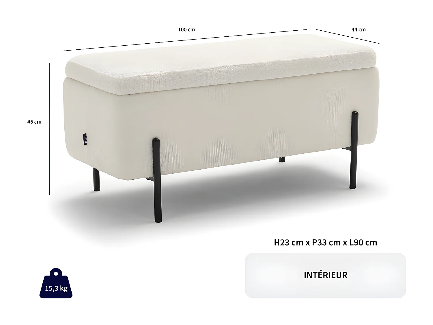 Kos - Banc coffre en tissu et métal L100cm - Gris clair