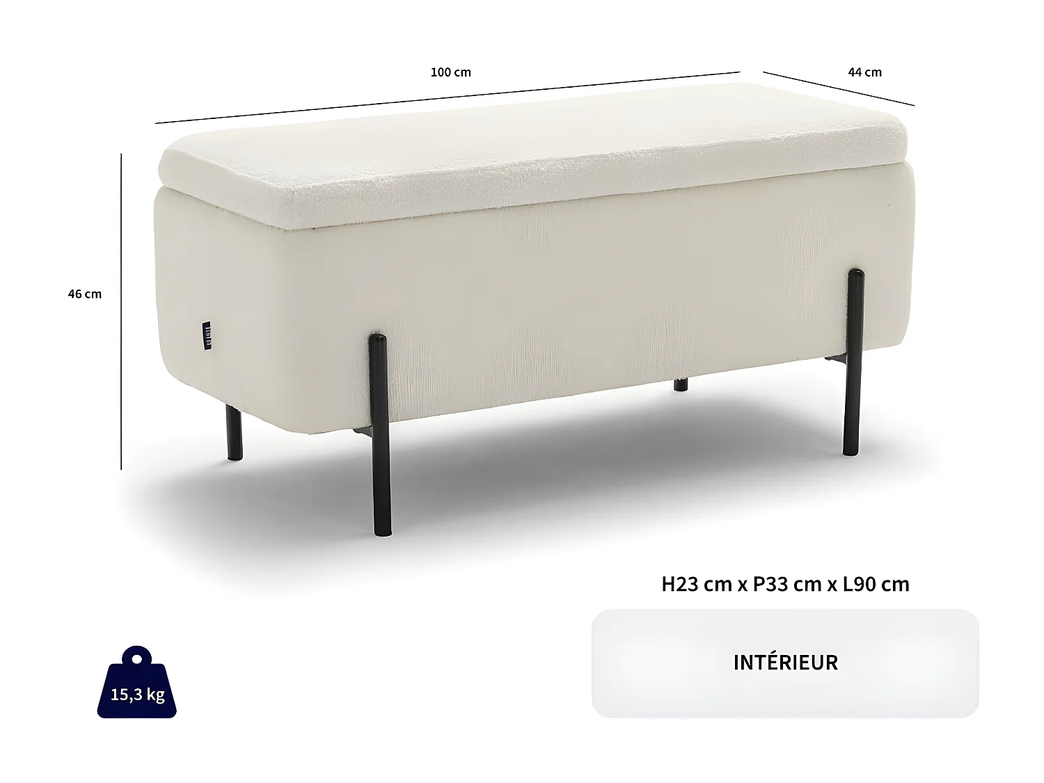 Kos - Banc coffre en tissu et métal L100cm - Gris clair