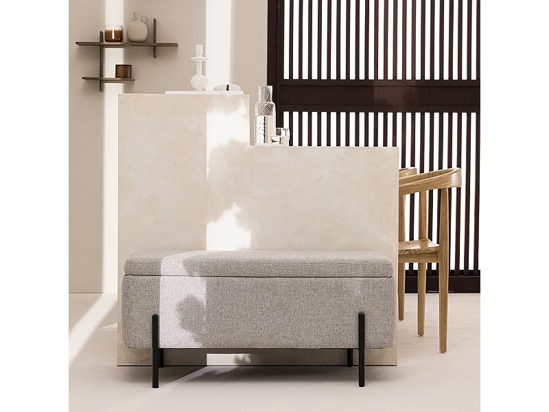 Kos - Banc coffre en tissu et métal L100cm - Gris clair