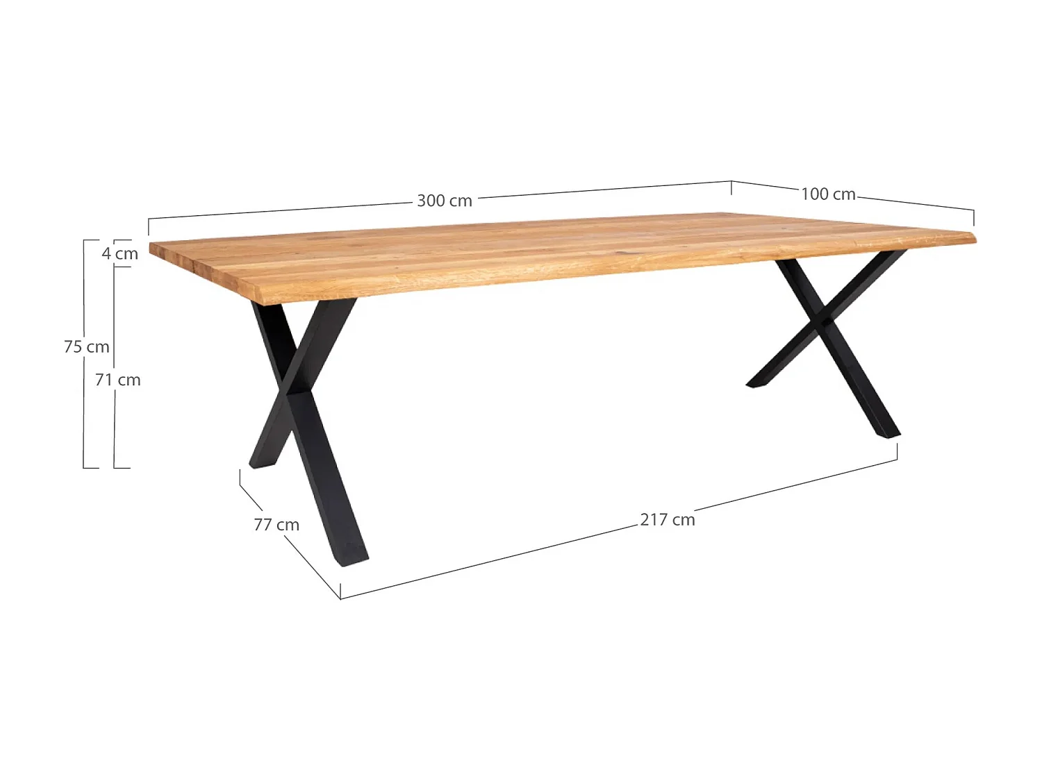 Table à manger industrielle TOULON – Chêne massif & acier noir, design avec bord ondulé-Beige-Largeur 300 cm