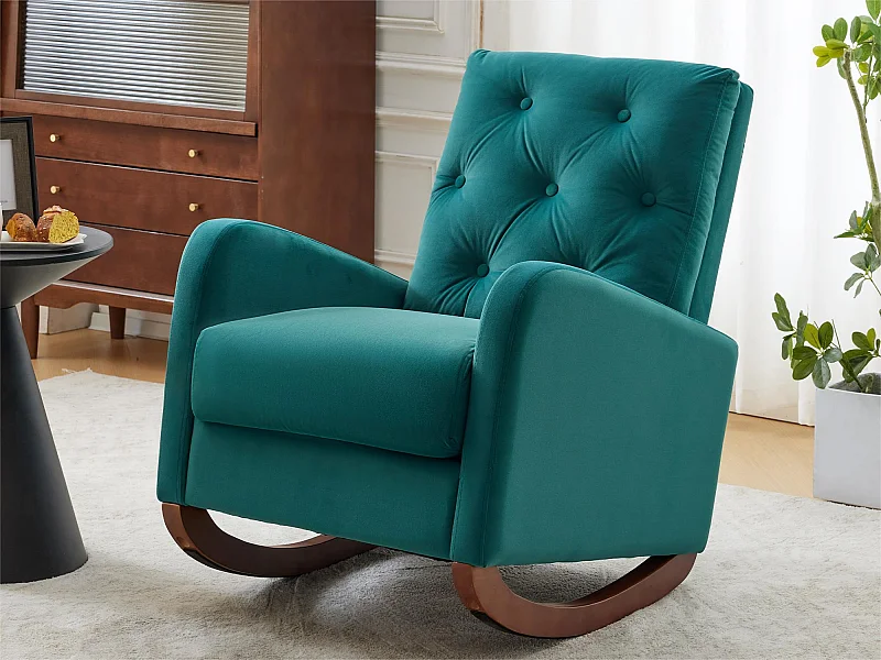 Schaukelstuhl mit hoher Rückenlehne, Armlehnen und Seitentaschen – Beine aus Massivholz – Grün