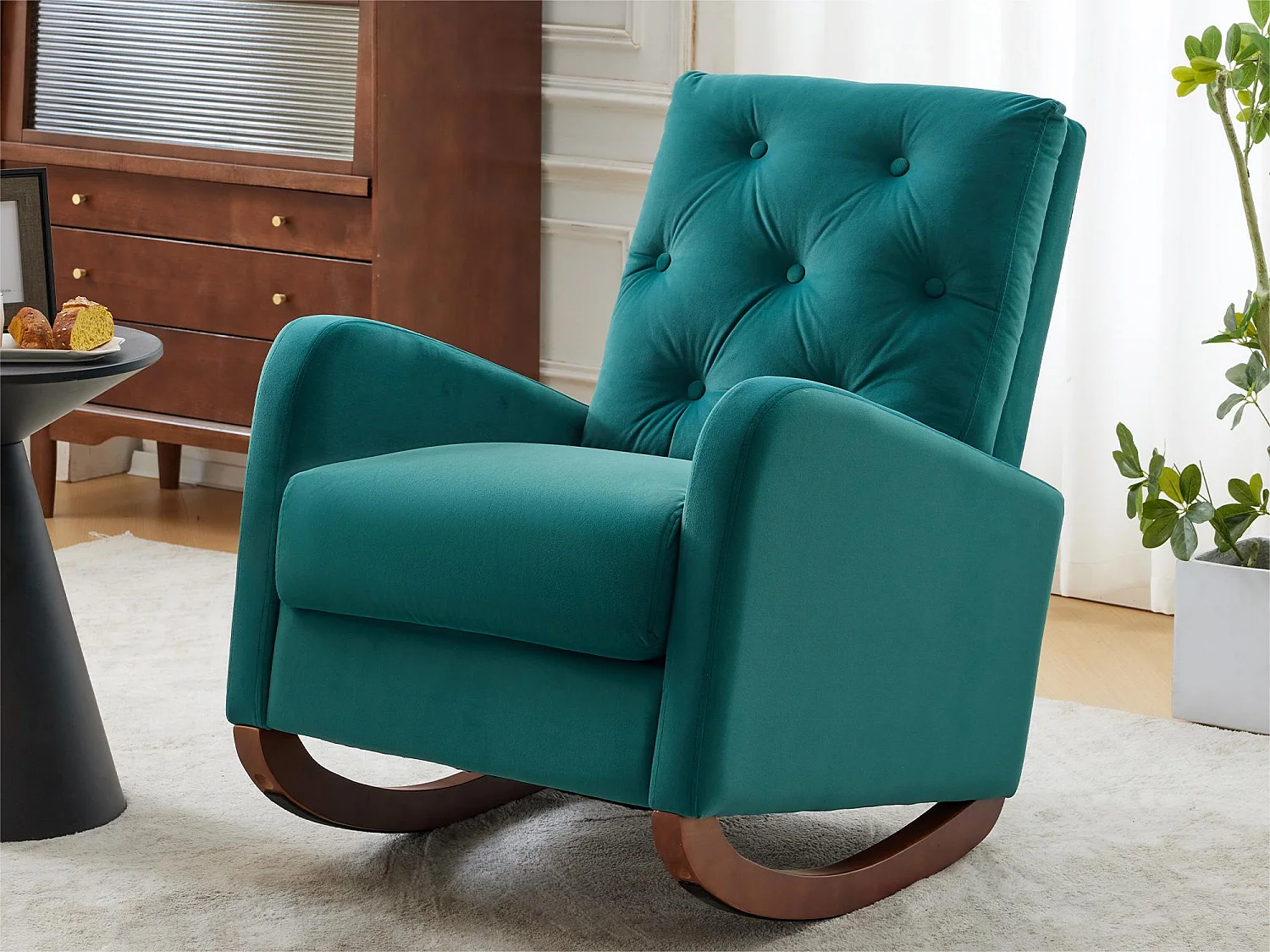 Schaukelstuhl mit hoher Rückenlehne, Armlehnen und Seitentaschen – Beine aus Massivholz – Grün