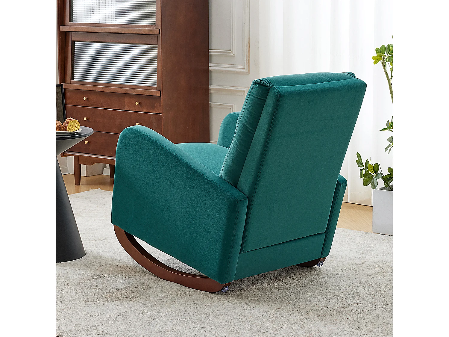 Schaukelstuhl mit hoher Rückenlehne, Armlehnen und Seitentaschen – Beine aus Massivholz – Grün