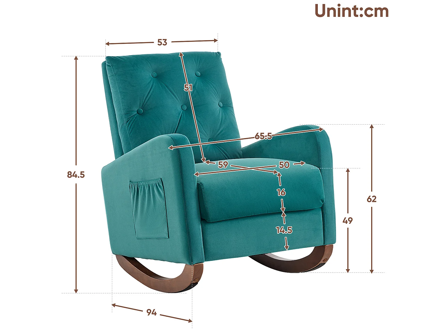 Schaukelstuhl mit hoher Rückenlehne, Armlehnen und Seitentaschen – Beine aus Massivholz – Grün