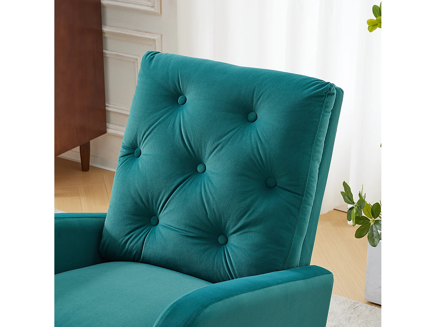 Schaukelstuhl mit hoher Rückenlehne, Armlehnen und Seitentaschen – Beine aus Massivholz – Grün