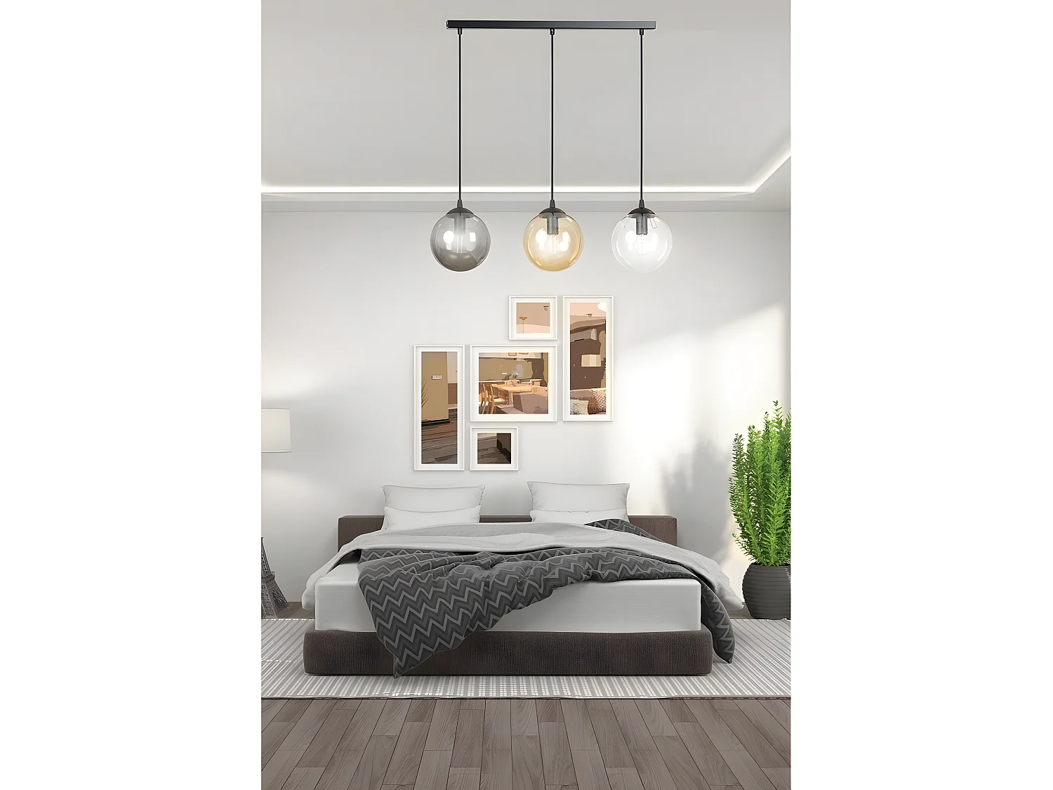 Suspension linéaire Sagan noir moderne avec sphères en verre de différentes couleurs 3xE14