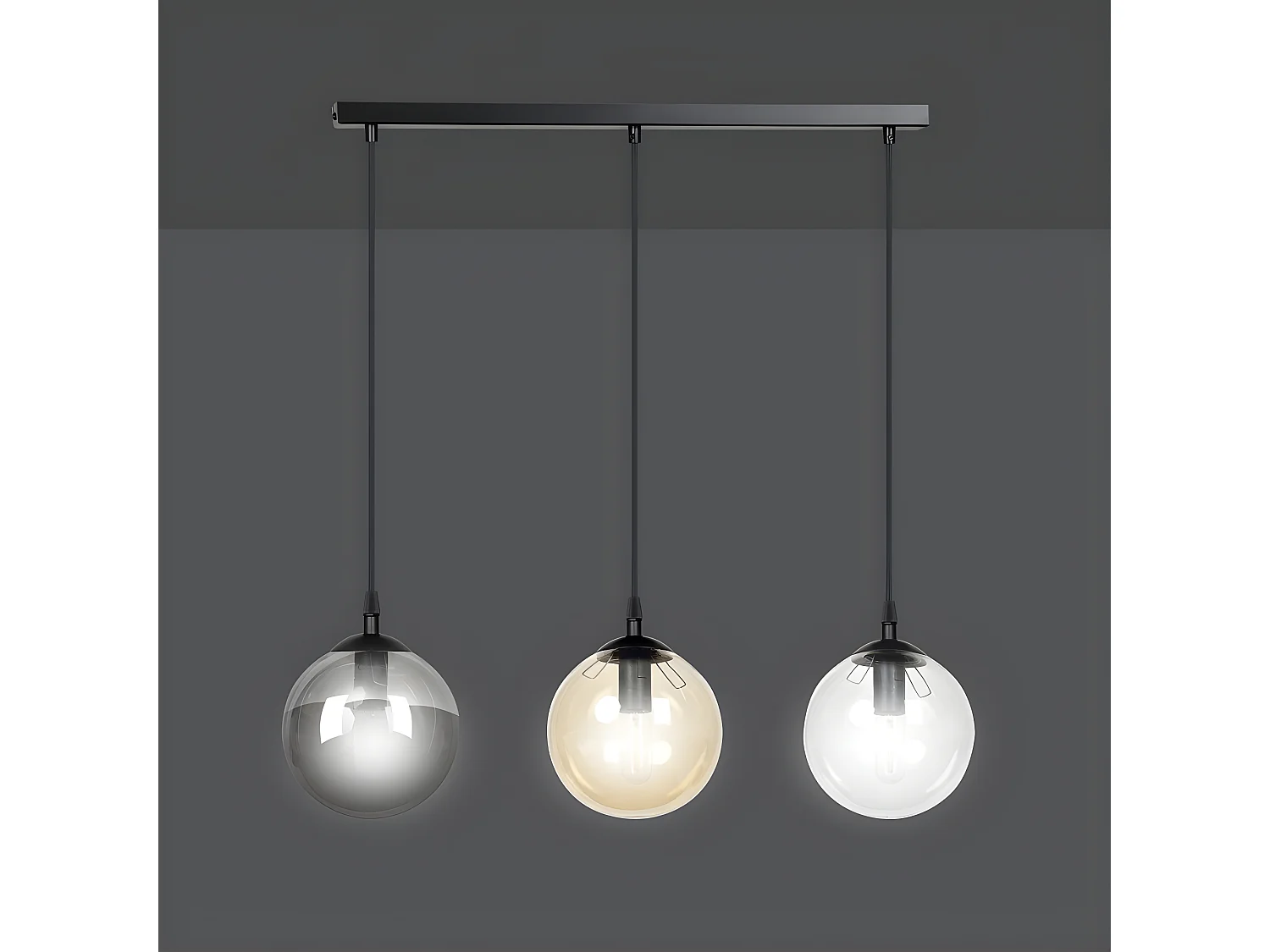 Suspension linéaire Sagan noir moderne avec sphères en verre de différentes couleurs 3xE14
