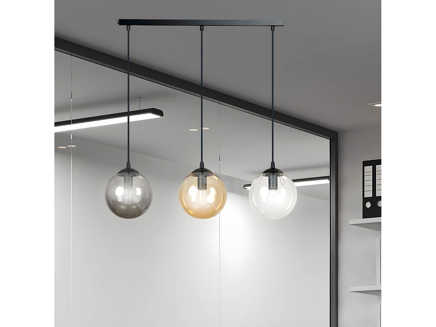 Suspension linéaire Sagan noir moderne avec sphères en verre de différentes couleurs 3xE14