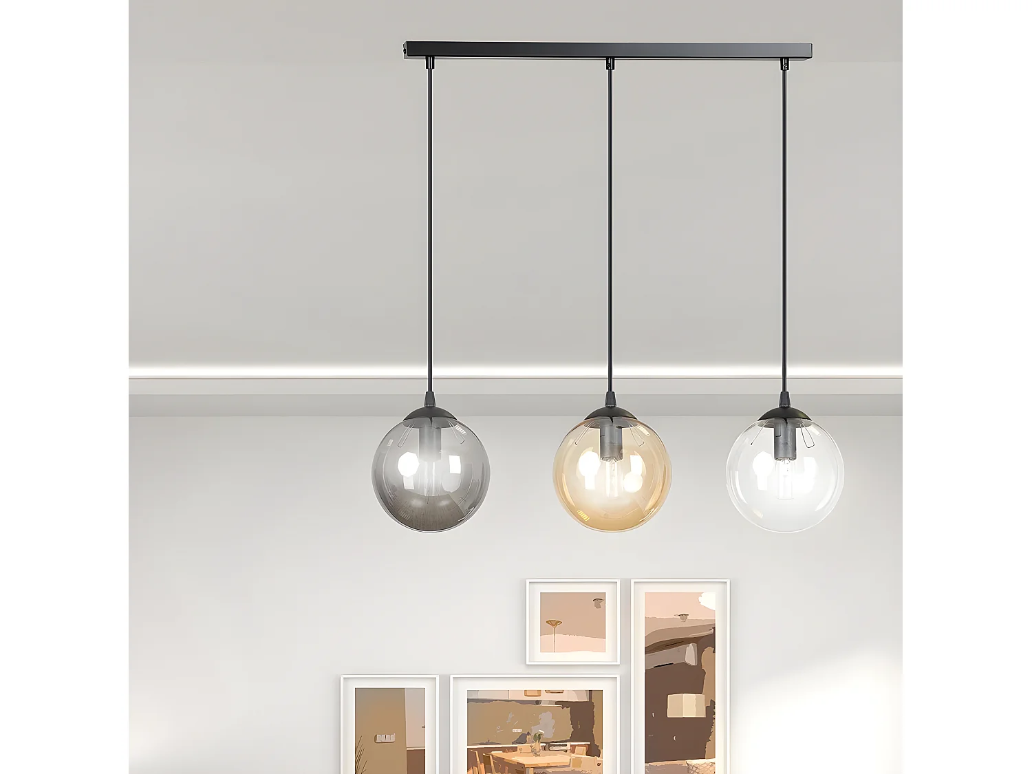 Suspension linéaire Sagan noir moderne avec sphères en verre de différentes couleurs 3xE14